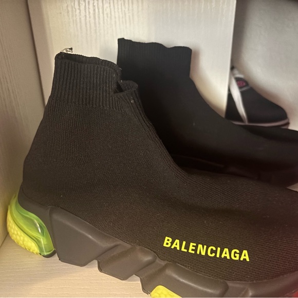 Balenciaga Black and Neon Green Speed Trainers - Picture 1 of 3
